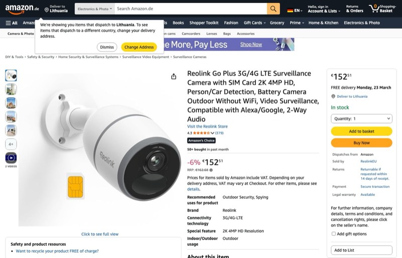 Reolink Go Plus / LTE Überwachungskamera SIM-Karte 2K HD kaina Amazon.de — 152,51 €