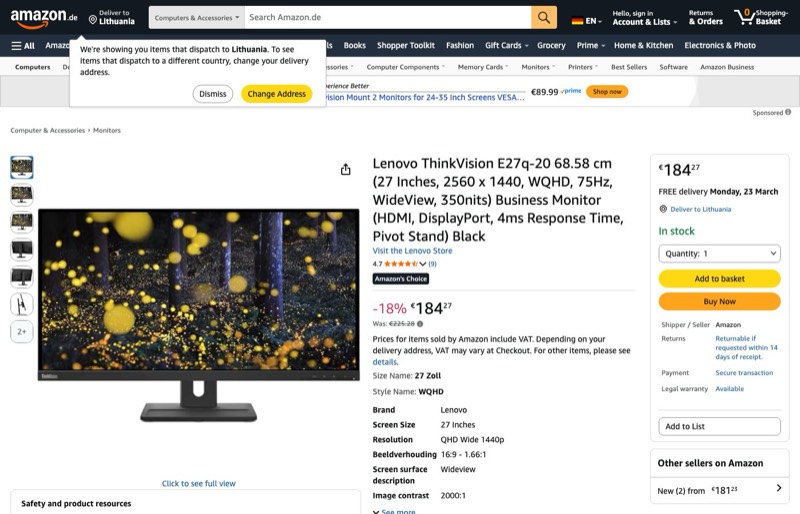 Lenovo ThinkVision E27q-20 27" WQHD kaina Amazon.de — 184,27 €