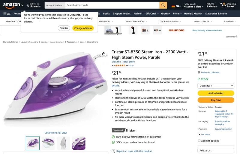 Tristar ST-8350 Steam Iron 2200W kaina Amazon.de — 21,34 €