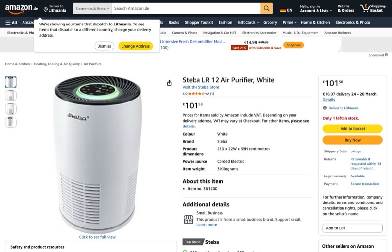 Steba LR 12 Air Purifier kaina Amazon.de — 101,58 €