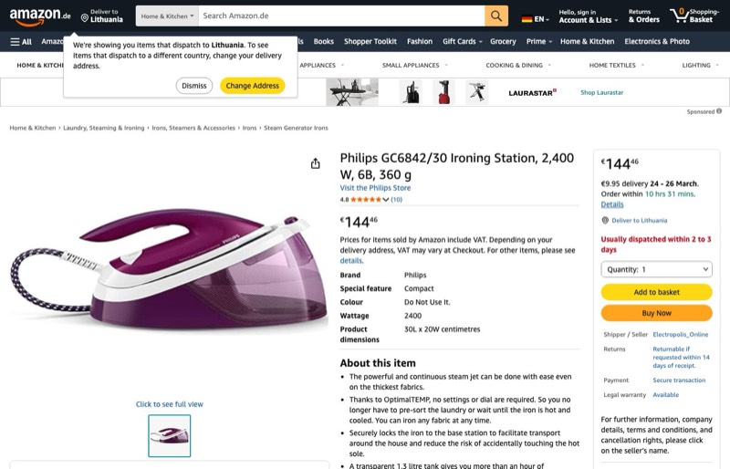 GC6842/30 Bügelstation kaina Amazon.de — 144,46 €