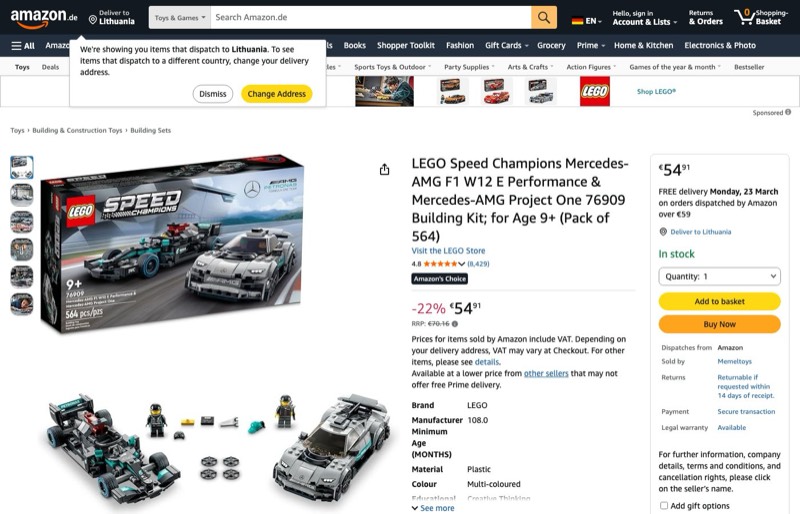 LEGO Speed Champions Mercedes-AMG 76909 kaina Amazon.de — 54,91 €