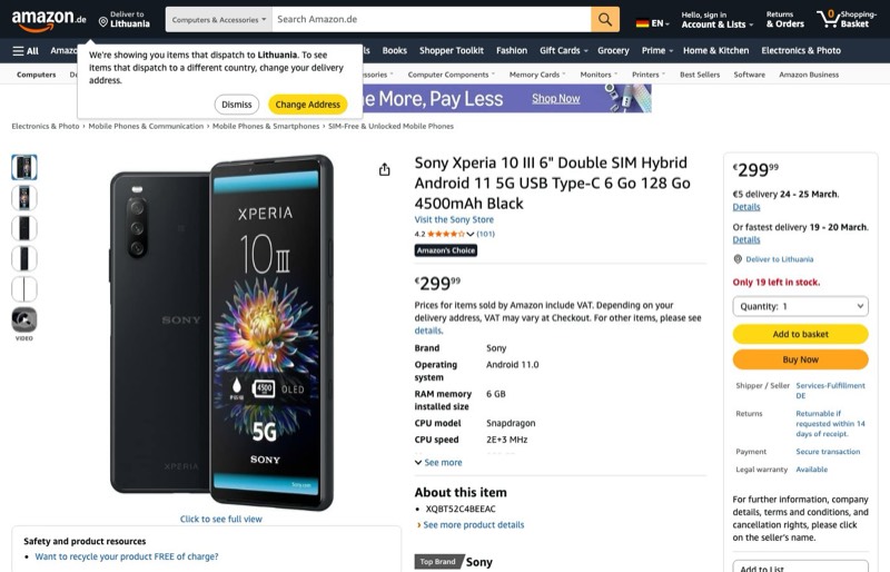 Sony Xperia 10 III 15 kaina Amazon.de — 299,99 €