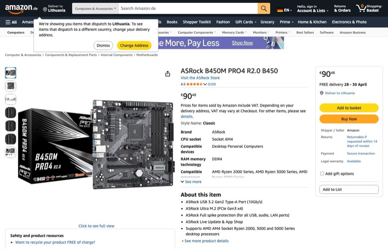 ASRock B450M PRO4 R2.0 B450 kaina Amazon.de — 90,48 €