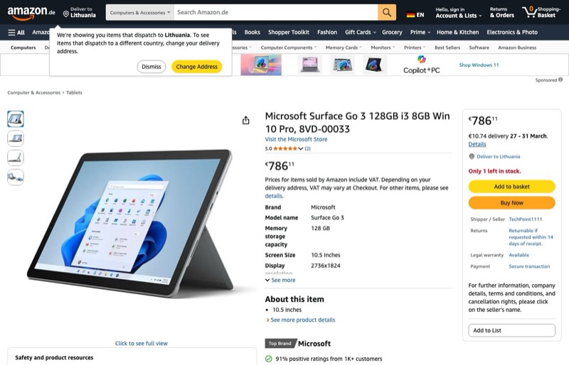 Microsoft Surface Go 3 kaina Amazon.de — 786,11 €
