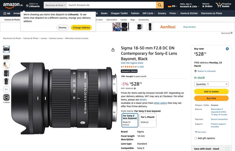 Sigma 18-50mm F2.8 DC DN Contemporary Sony-E kaina Amazon.de — 528,73 €