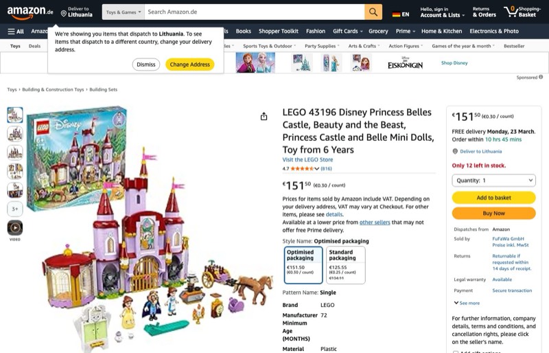 LEGO Disney Belle's Castle 43196 kaina Amazon.de — 151,50 €
