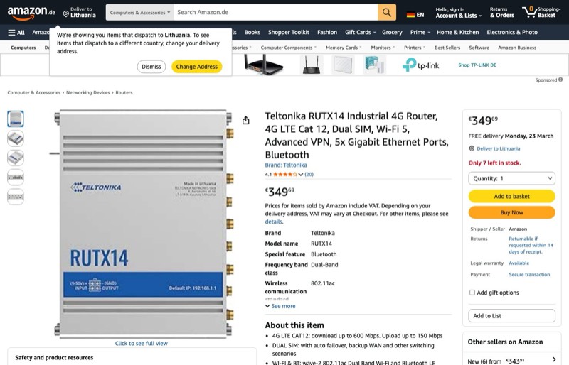 Teltonika RUTX14 CAT12 Router kaina Amazon.de — 349,69 €