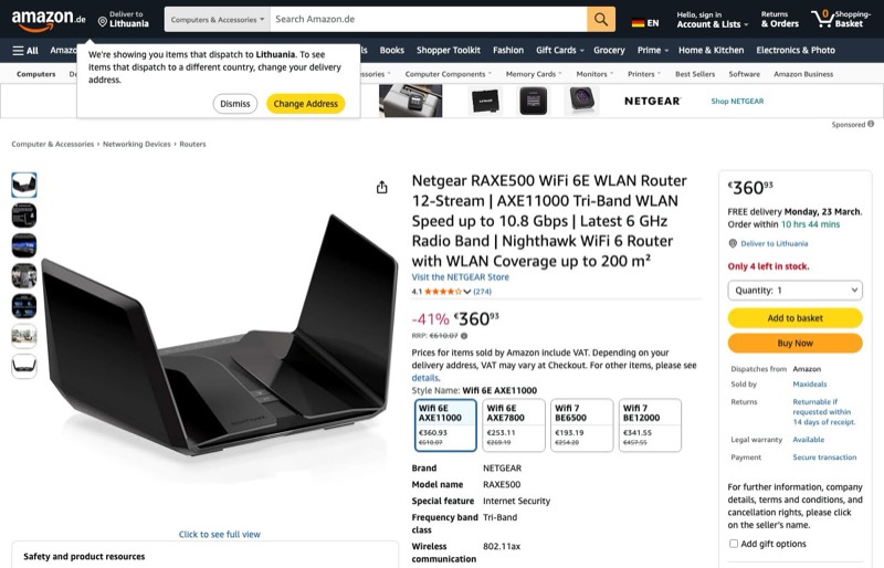 Netgear RAXE500 WiFi 6E WLAN Router 12-Stream | AXE11000 kaina Amazon.de — 360,93 €