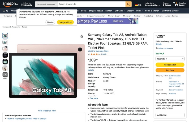 Samsung Galaxy Tab A8 10.5 32GB kaina Amazon.de — 209,00 €