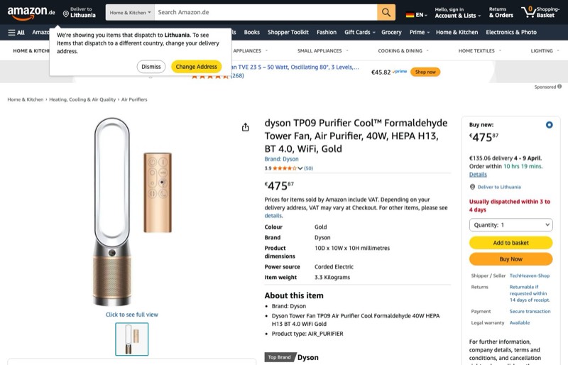 dyson TP09 Purifier Cool™ Formaldehyde Turmventilator kaina Amazon.de — 475,87 €