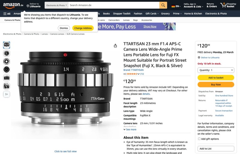 TTARTISAN 23mm F1.4 APS-C Camera Lens Wide-Angle Prime Lens kaina Amazon.de — 120,99 €