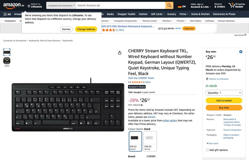 CHERRY Stream Keyboard TKL kaina Amazon.de — 26,22 €