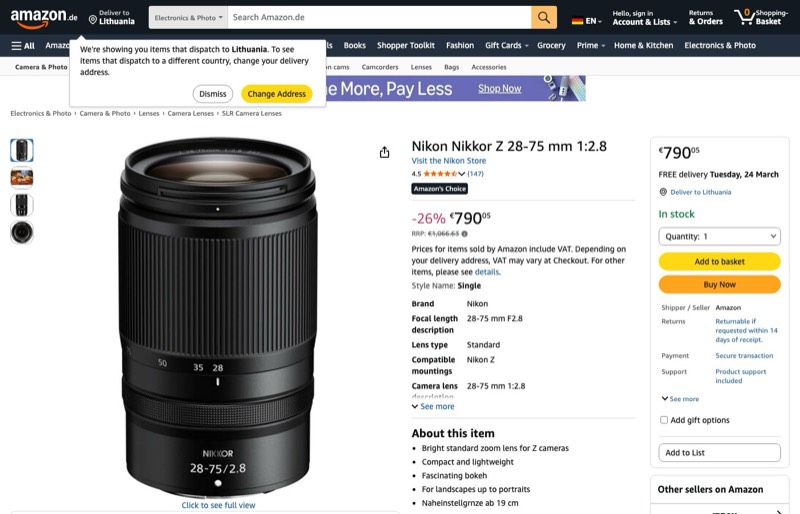 Nikon Nikkor Z 28-75mm 1:2,8 kaina Amazon.de — 790,05 €