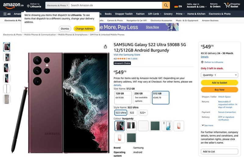 Samsung Galaxy S22 Ultra 512GB kaina Amazon.de — 549,79 €