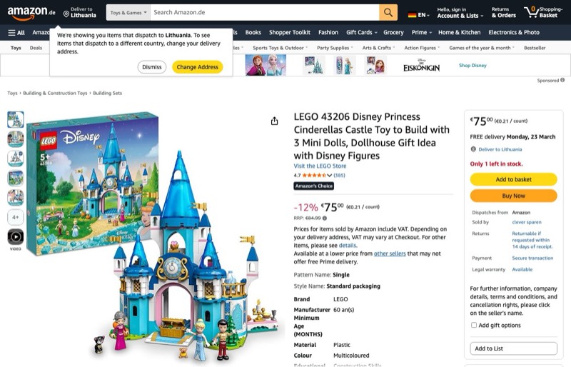 LEGO Disney Princess Cinderellas Schloss -Puppen 43206 kaina Amazon.de — 75,00 €