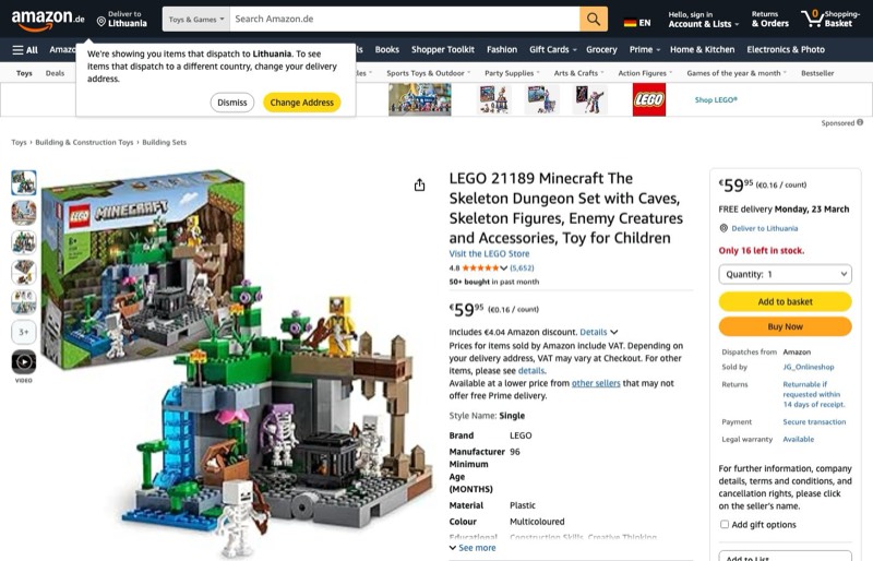 LEGO Minecraft Skeleton Dungeon 21189 kaina Amazon.de — 59,95 €