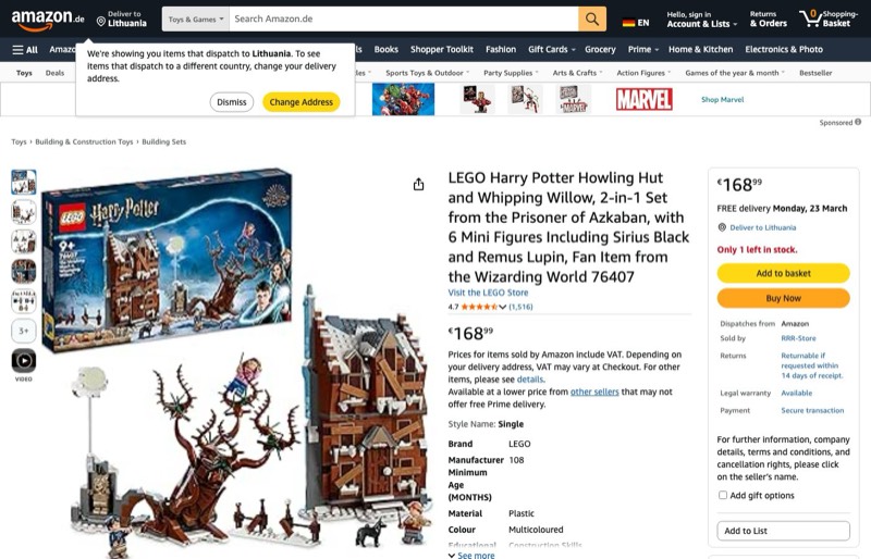 LEGO Harry Potter Howling Hut 76407 kaina Amazon.de — 168,99 €