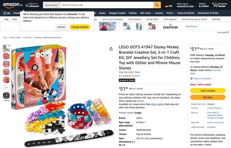 LEGO DOTS Mickey Bracelet 41947 kaina Amazon.de — 51,89 €