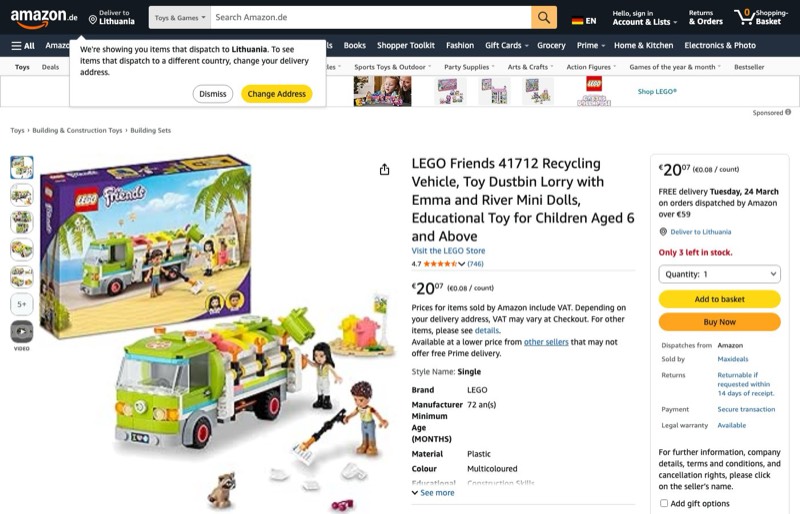 LEGO Friends Recycling Vehicle 41712 kaina Amazon.de — 20,07 €