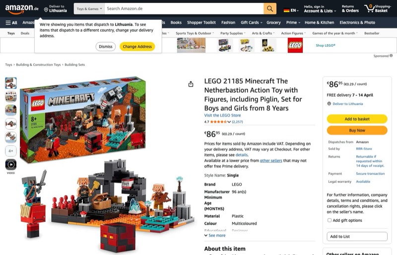 LEGO Minecraft 21185 kaina Amazon.de — 86,95 €