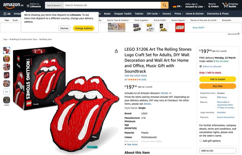 LEGO Art 31206 kaina Amazon.de — 197,40 €