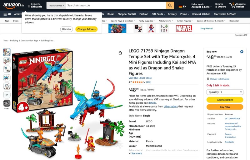 LEGO Ninjago Dragon Temple 71759 kaina Amazon.de — 48,99 €