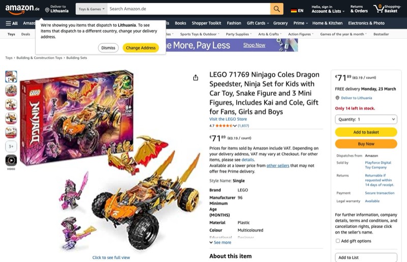 LEGO Ninjago Cole's Dragon Speedster 71769 kaina Amazon.de — 71,89 €