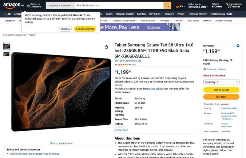 Samsung Galaxy Tab S8 Ultra 256GB kaina Amazon.de — 1199,82 €