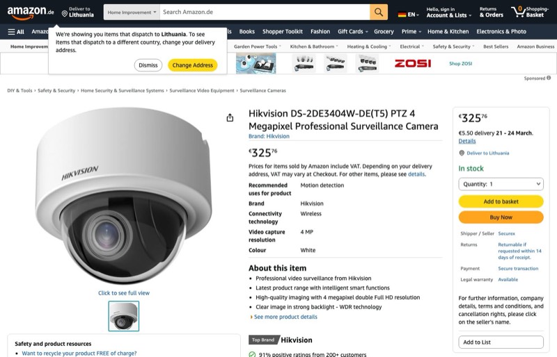 Hikvision DS-2DE3404W-DE PTZ Überwachungskamera 4 Megapixel kaina Amazon.de — 325,76 €