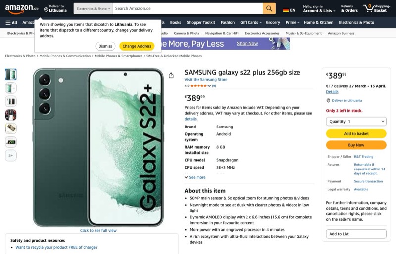 SAMSUNG GALAXY S22 Plus 256GB Grn kaina Amazon.de — 389,99 €