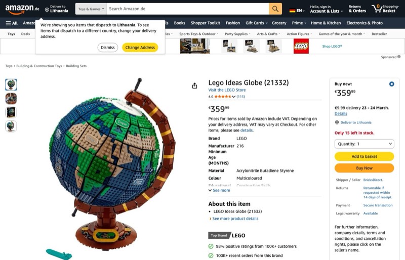 LEGO Ideas 21332 kaina Amazon.de — 359,99 €