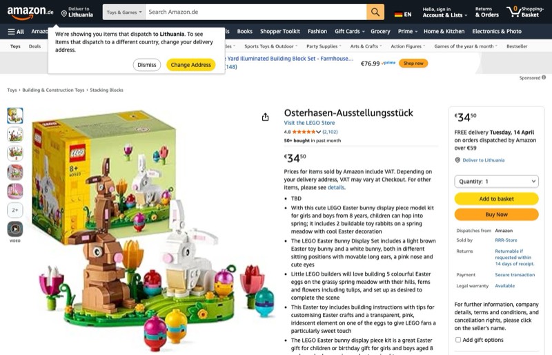 LEGO Easter Bunny Display Set 40523 kaina Amazon.de — 34,50 €