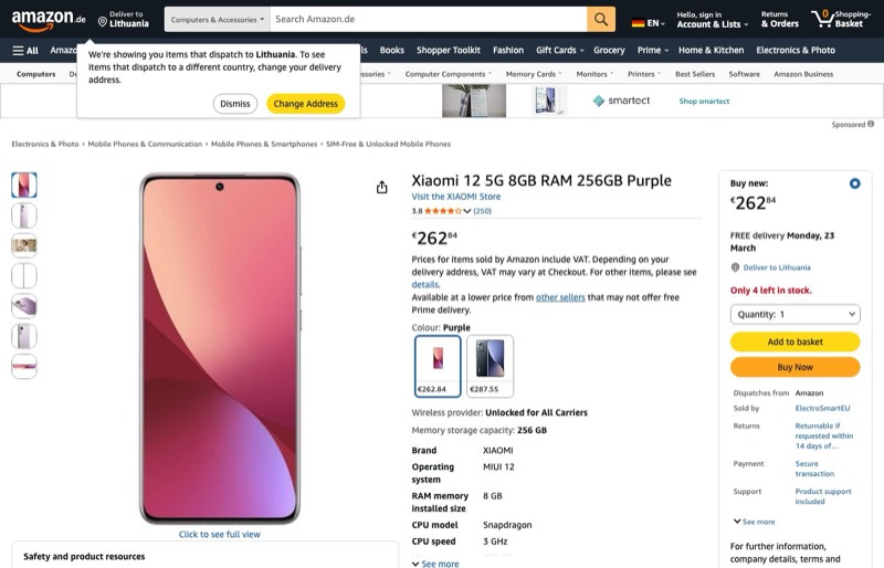 Xiaomi 12 5G 256GB kaina Amazon.de — 262,84 €