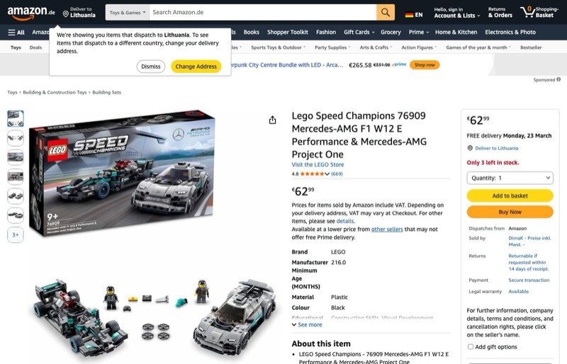LEGO Speed Champions Mercedes-AMG F1 76909 kaina Amazon.de — 62,99 €