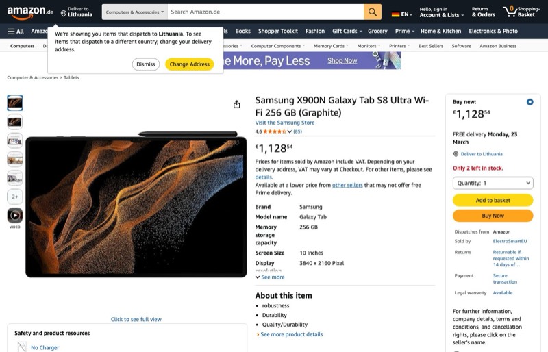 Samsung X900N Galaxy Tab S8 Ultra Wi-Fi 256 GB kaina Amazon.de — 1128,54 €