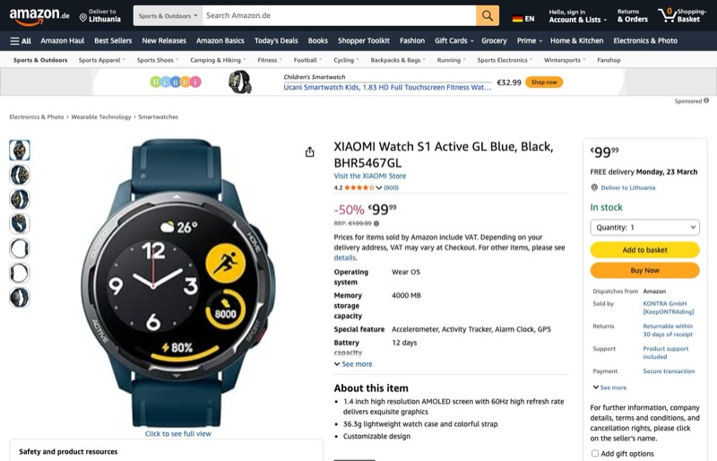 Xiaomi Watch S1 Active kaina Amazon.de — 99,99 €