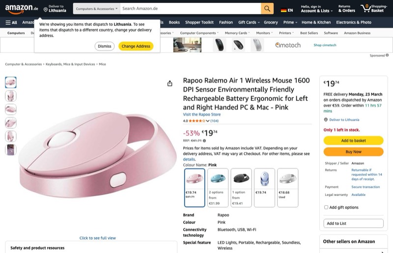 Rapoo Ralemo Air 1 Wireless Mouse kaina Amazon.de — 19,74 €