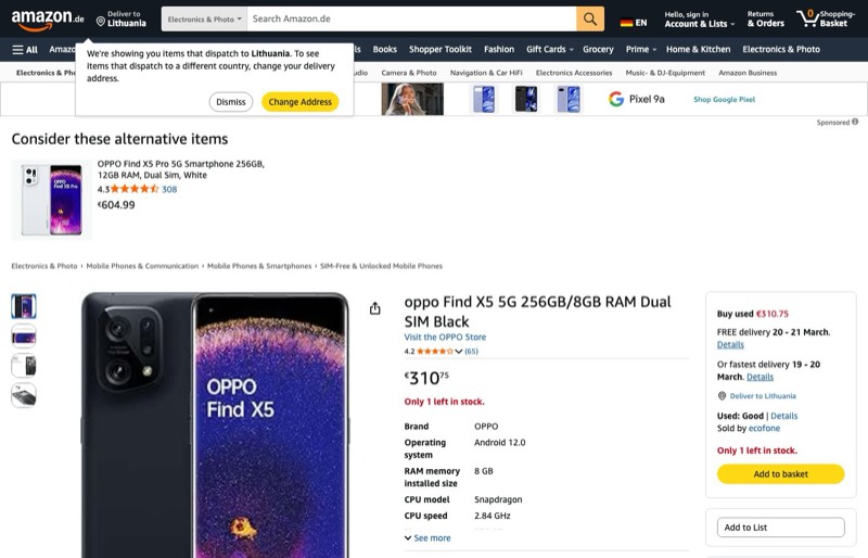 Oppo Find X5 256GB kaina Amazon.de — 310,75 €