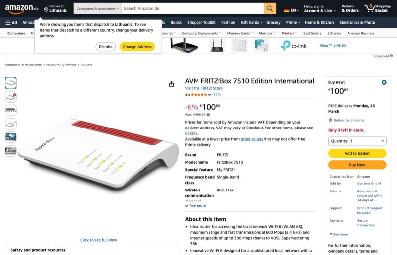 AVM FRITZ!Box 7510 Edition International kaina Amazon.de — 100,65 €