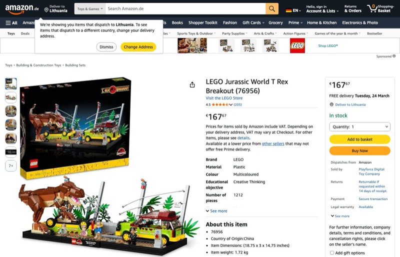 LEGO Jurassic World Ausbruch des T Rex () 76956 kaina Amazon.de — 167,67 €