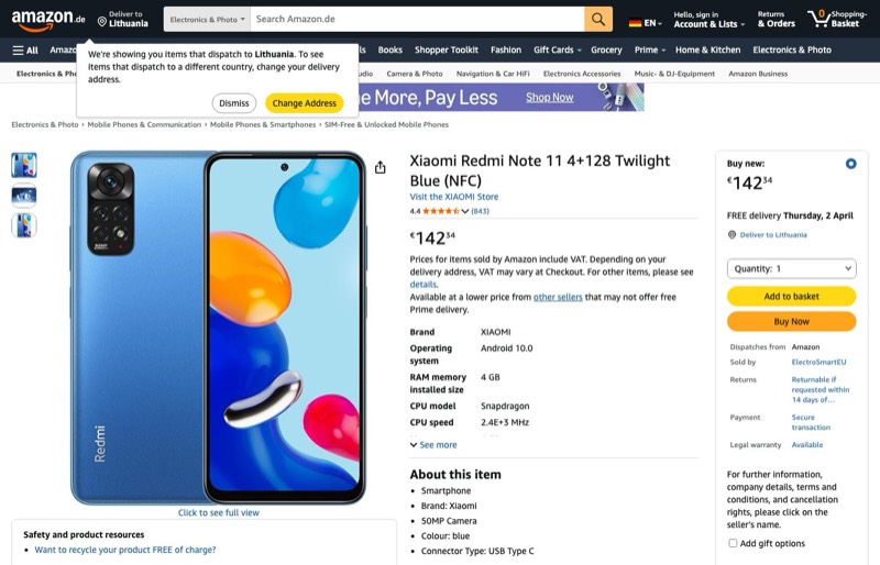 Xiaomi Redmi Note 11 4+128 Twilight Blue（NFC） kaina Amazon.de — 142,34 €