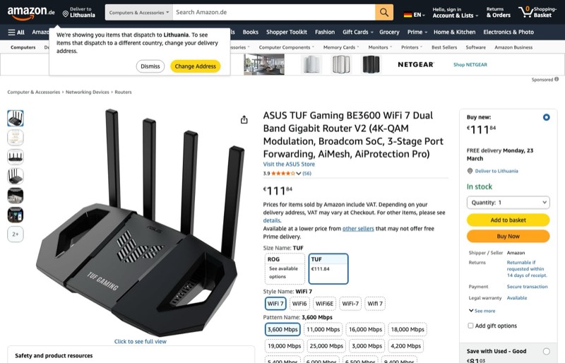 ASUS TUF Gaming BE3600 WiFi 7 Dual Band Gigabit Router V2 kaina Amazon.de — 111,84 €