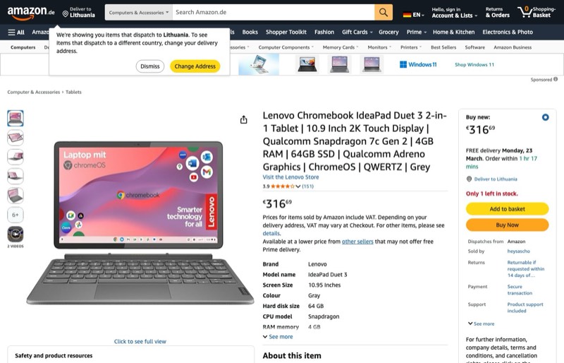 Lenovo Chromebook Duet kaina Amazon.de — 316,69 €