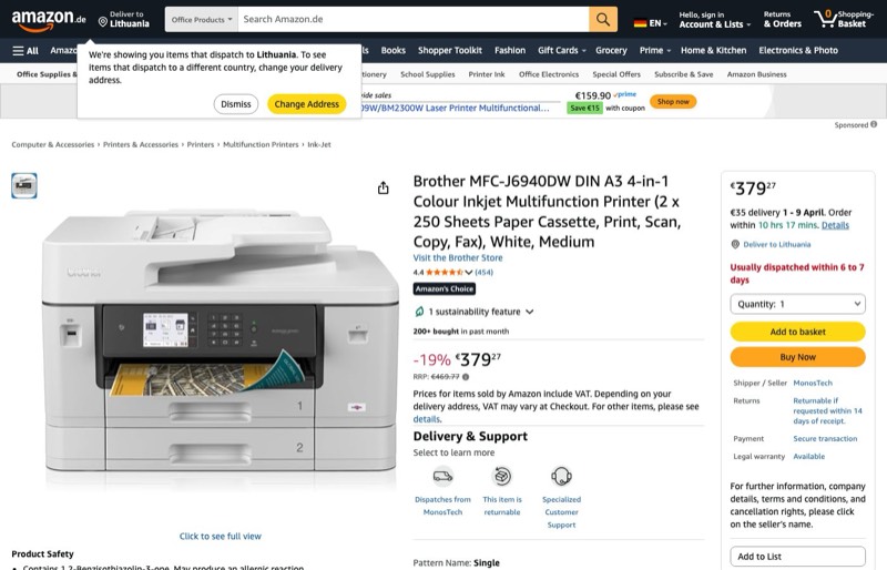 Brother MFC-J6940DW DIN A3 4-in-1 kaina Amazon.de — 379,27 €