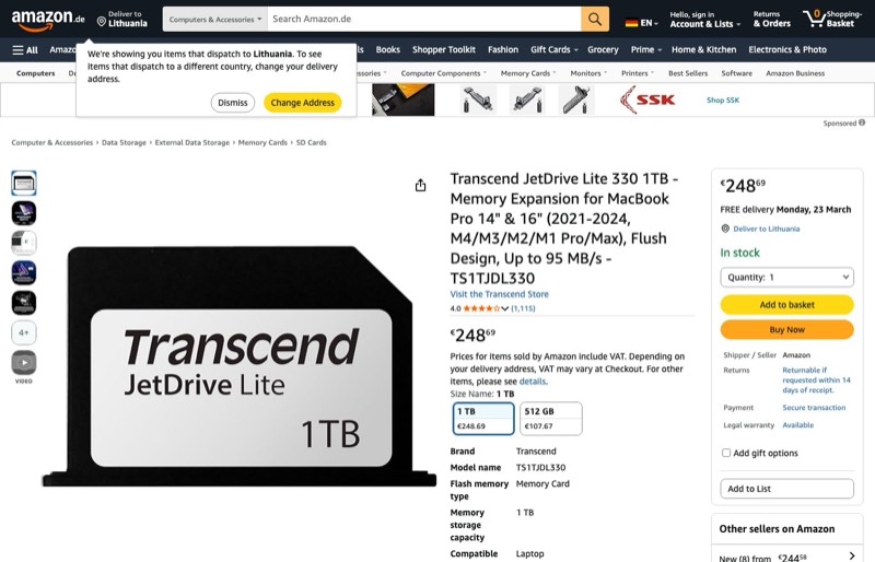 Transcend JetDrive Lite 330 1TB kaina Amazon.de — 248,69 €