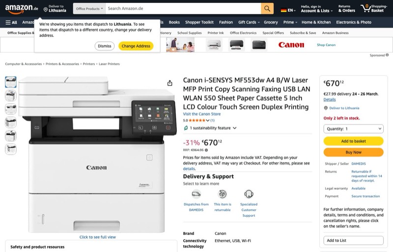 Canon i-SENSYS MF553dw A4 S/W-Laser MFP Drucken Kopieren kaina Amazon.de — 670,12 €