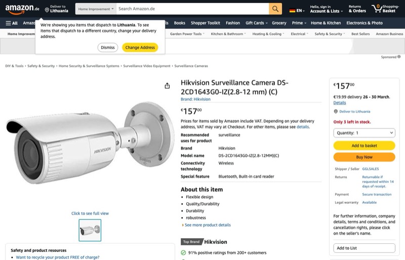 Hikvision Überwachungskamera DS-2CD1643G0-IZ kaina Amazon.de — 157,00 €