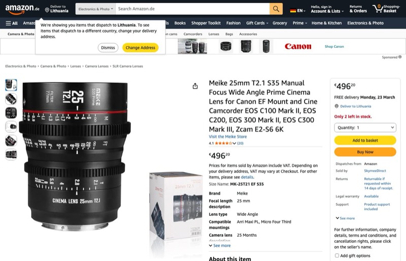 Meike 25 mm T2.1 S35 Manueller Fokus Weitwinkel Prime kaina Amazon.de — 496,20 €