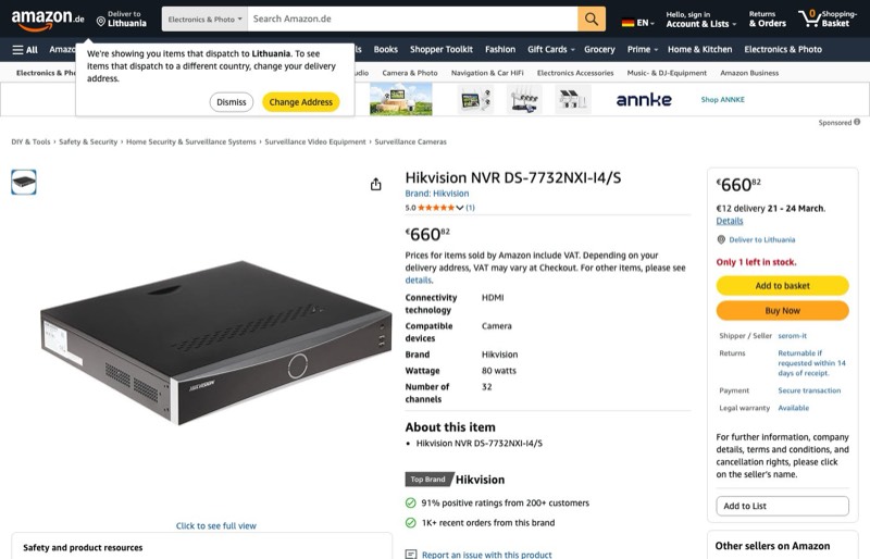 Hikvision NVR DS-7732NXI-I4/S kaina Amazon.de — 660,82 €